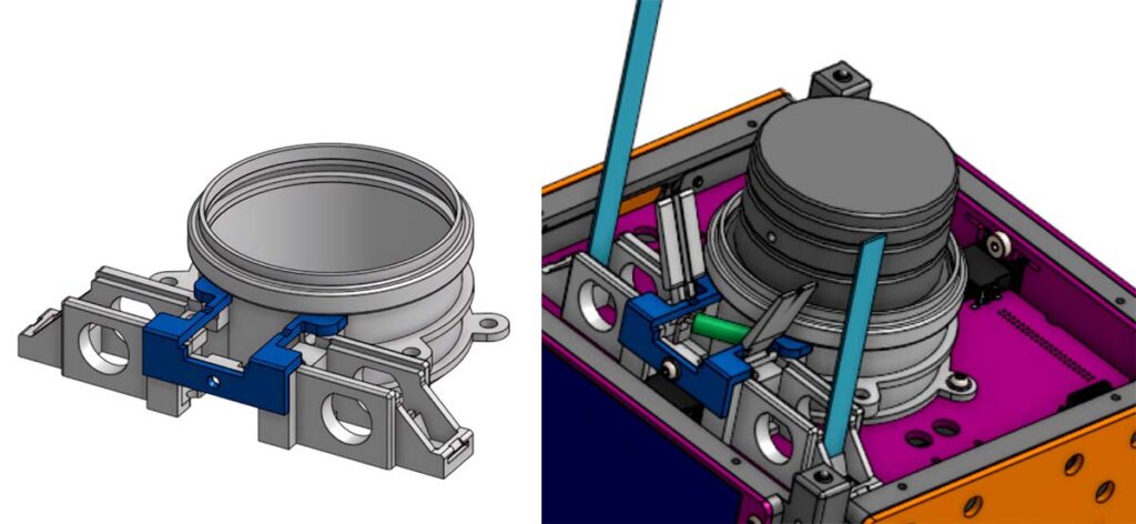 CAD design of the detail of the modified version of OreSat0’s turnstile antenna. The light gray parts are in Windform LX 3.0. Courtesy PSAS